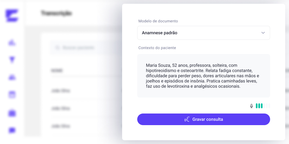 Tela de sistema médico exibindo o contexto do paciente, incluindo nome, idade, condições médicas, sintomas e lista de medicações utilizadas.