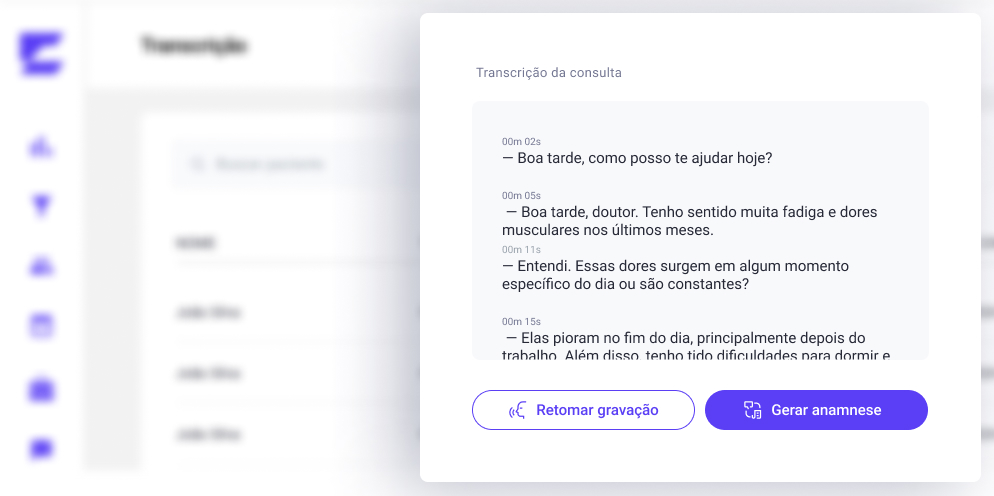 Tela do sistema médico mostrando a transcrição automática de uma consulta gravada, com diálogos entre médico e paciente convertidos para texto.