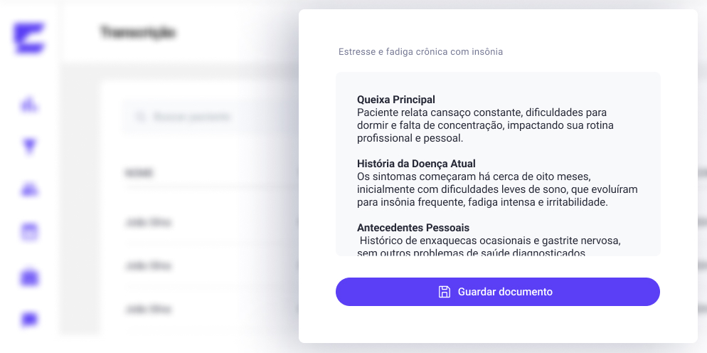 Tela do sistema médico exibindo uma anamnese gerada automaticamente, contendo informações detalhadas do paciente, queixa principal, histórico da doença e possíveis diagnósticos.